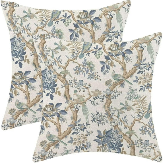 Chinoiserie Tree Throw Pillow Covers 18x18 Set of 2 Neutral Bird Tree Decorative Pillow Covers Branch Decoration Outdoor Cushion Cover Blue Floral Pillowcase for Sofa Couch Farmhouse