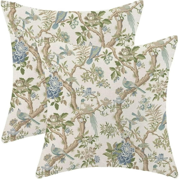 Chinoiserie Tree Throw Pillow Covers 18x18 Set of 2 Neutral Bird Tree Decorative Pillow Covers Branch Decoration Outdoor Cushion Cover Green Floral Pillowcase for Sofa Couch Farmhouse