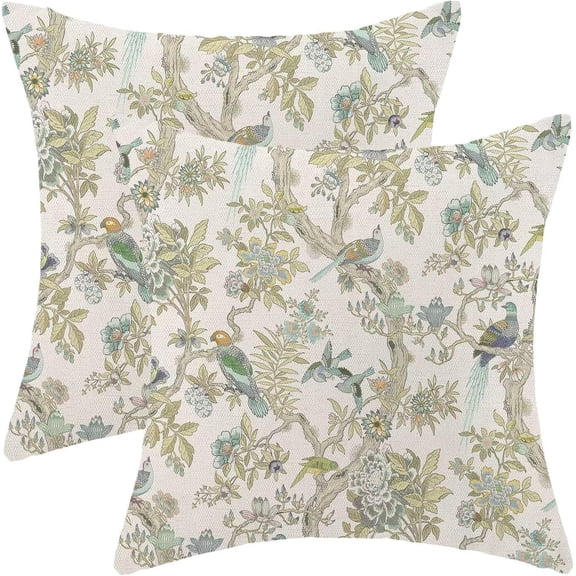Chinoiserie Tree Throw Pillow Covers 18x18 Set of 2 Neutral Bird Tree Decorative Pillow Covers Branch Decoration Outdoor Cushion Cover Sage Green Floral Pillowcase for Sofa Couch Farmhouse