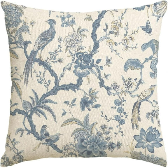 Chinoiserie Trees Birds Blue and White Throw Pillow Cover, 18 x 18 Inch Cushion Case Outdoor Decoration for Sofa Couch Farmhouse