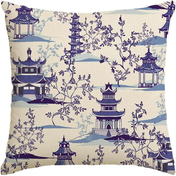 Chinoiserie Trees House Tower Blue Throw Pillow Cover, 18 x 18 Inch Cushion Case Outdoor Decoration for Sofa Couch Farmhouse