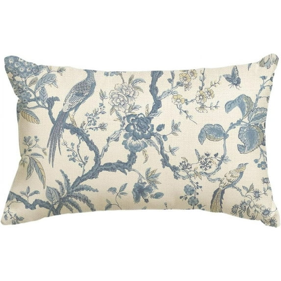 Chinoiserie Trees and Birds Blue and White Throw Pillow Cover, 12 x 20 Inch Cushion Case Outdoor Decoration for Sofa Couch Farmhouse