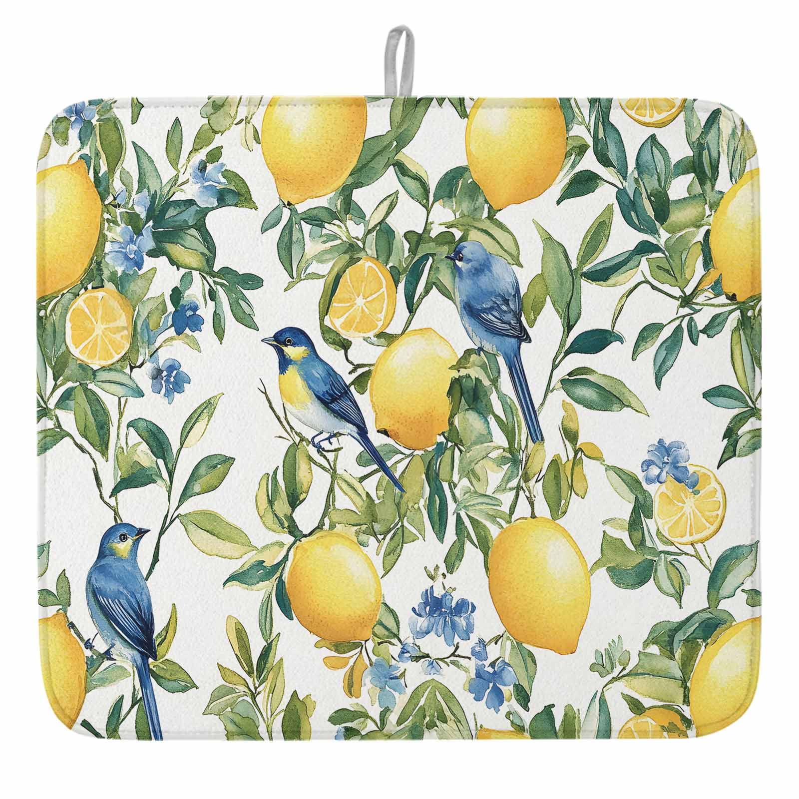 Chinoiserie Tropical Dish Drying Mat, Yellow Lemon Blue Bird Pattern ...