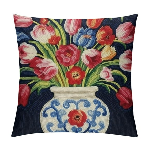 Chinoiserie Vase Tulips Hook Pillow,  Wool and