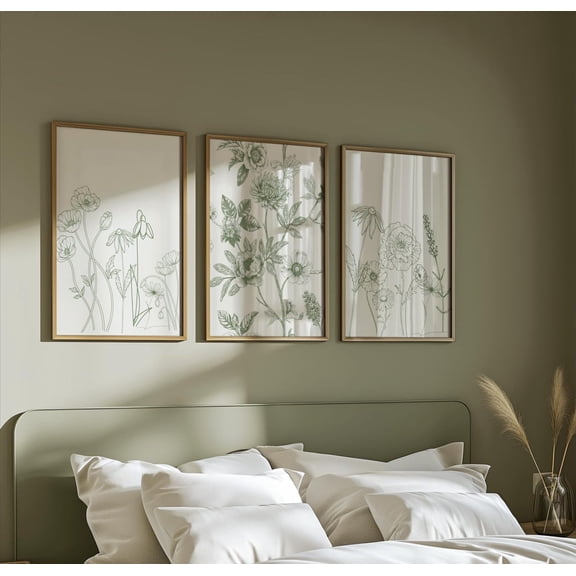 Chinoiserie Wall Art French Country Vintage Botanical Sage Green Minimalist Set 3 Unframed Paper Print 8x12