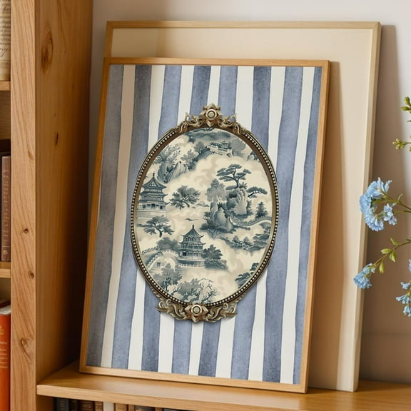 Chinoiserie Wall Art,Nancy Meyers Aesthetic Print,French Country Decor,Navy Indigo Landscape Artwork,Chinese Style Art,Luxurious Artwork Wall Art, Modern Wall Decor, 8x12 UNFRAMED