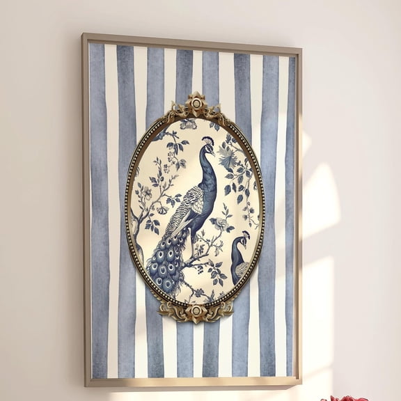 Chinoiserie Wall Art,Nancy Meyers Aesthetic Print, French Country Decor,Navy Indigo Peacock Artwork,Chinese Style Art,Luxurious Wall Artwork Wall Art, Modern Wall Decor, 16x24 UNFRAMED