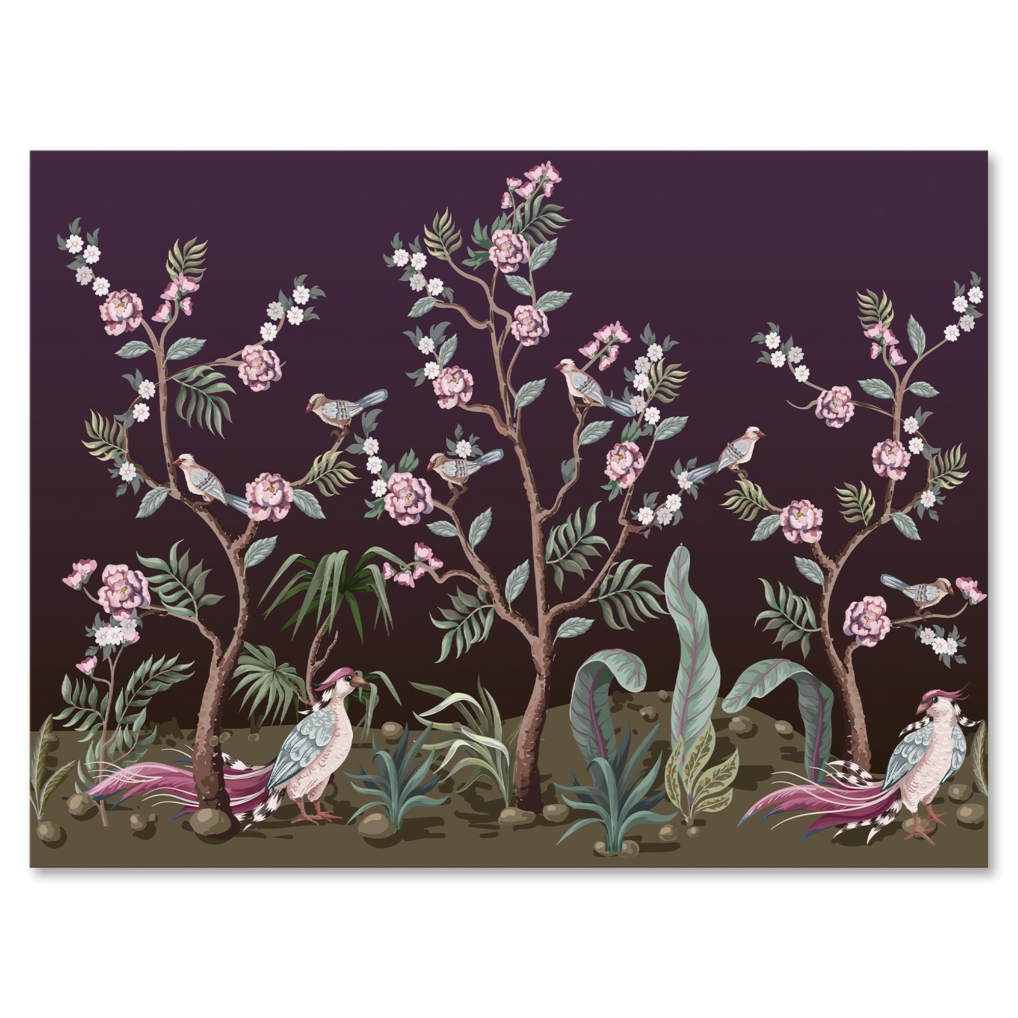 Chinoiserie With Peonies and Birds I 32 in x 16 in Painting Canvas Art Print, by Designart