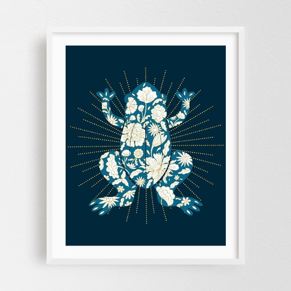 Chinoiserie frog - Illustration Floral Animal Pattern Botanical Modern Art Whimsical Nature White Framed Wall Art Print 16 x 20 inches