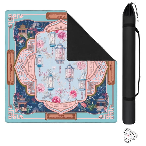 Oriental Lantern Peony American Mahjong Mat 31.5"x31.5", with Printed Rules, Non-Slip Noise Reduction Square Game Table Mat, Includes Storage Carry Bag and Dice, Mahjong Player Gift