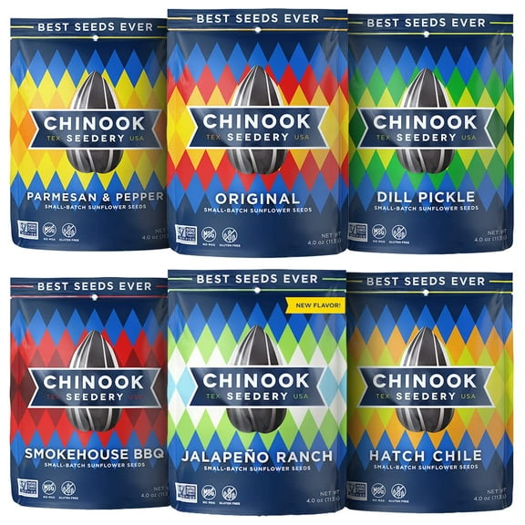 Chinook Seedery Roasted Sunflower Seeds - 4oz (Pack of 12) - 6 Flavor Variety Pack - Gluten-Free