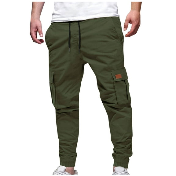 Chinos Cargo Pants for Men Multi Pockets Relaxed Drawstring Jogger Tapered Trousers Casual Solid Loose Elastic Waist Athletic Hiking Pant