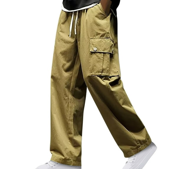 Chinos Cargo Pants for Men Relaxed Multi Pockets Drawstring Elastic Waist Straight Wide Leg Trousers Casual Solid Loose Comfort Hiking Pant