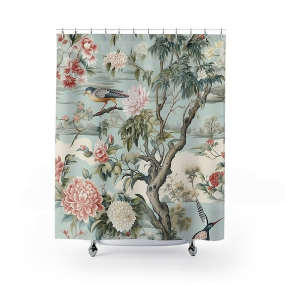 Chinoserie Shower Curtain Large Painting Style, Bathroom Spa, Colorful Shower Curtain, Bathroom Aesthetic Bath Decor 60x72in