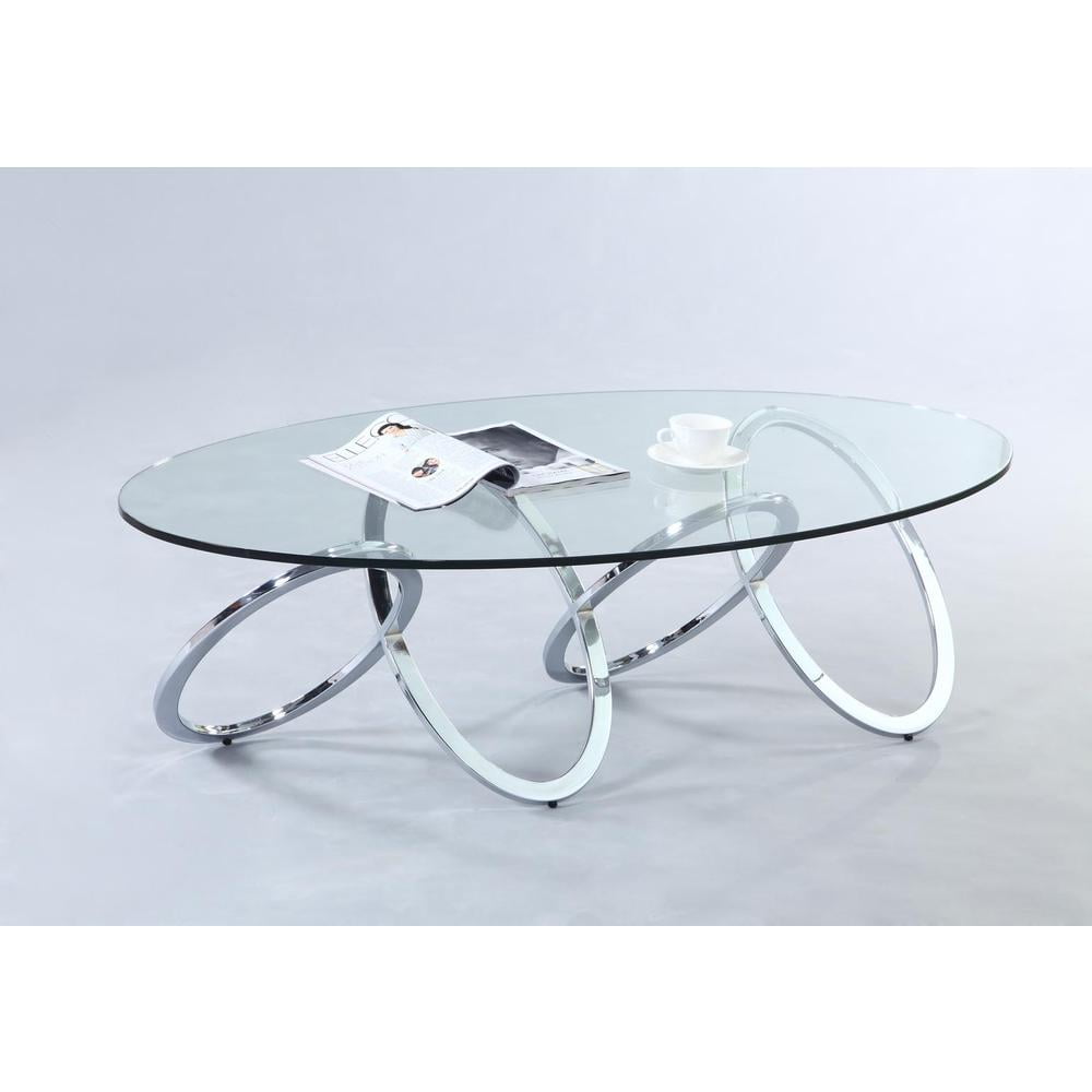 Oval Glass Top Chrome Multi-Ring Base Cocktail Table