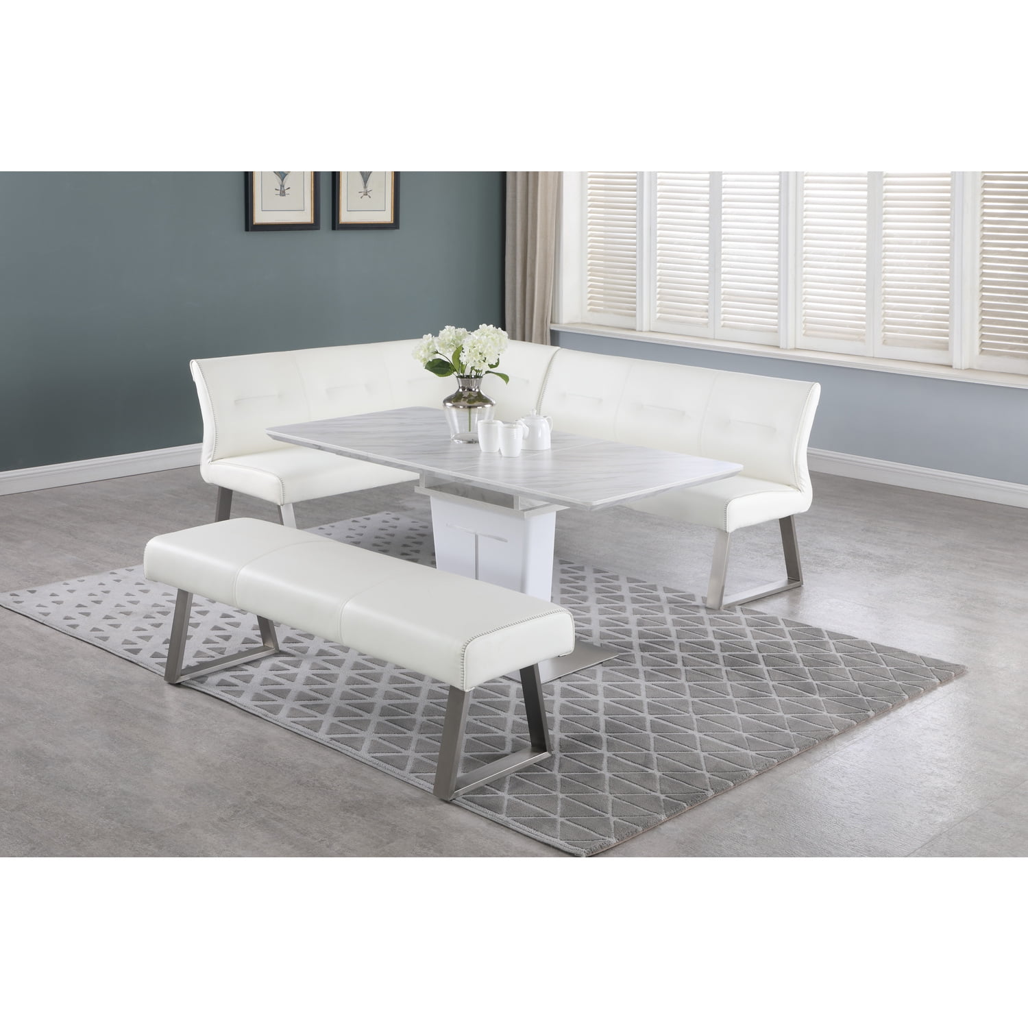 Chintaly Contemporary Dining Set w/ Extendable Table, Nook & Bench ...