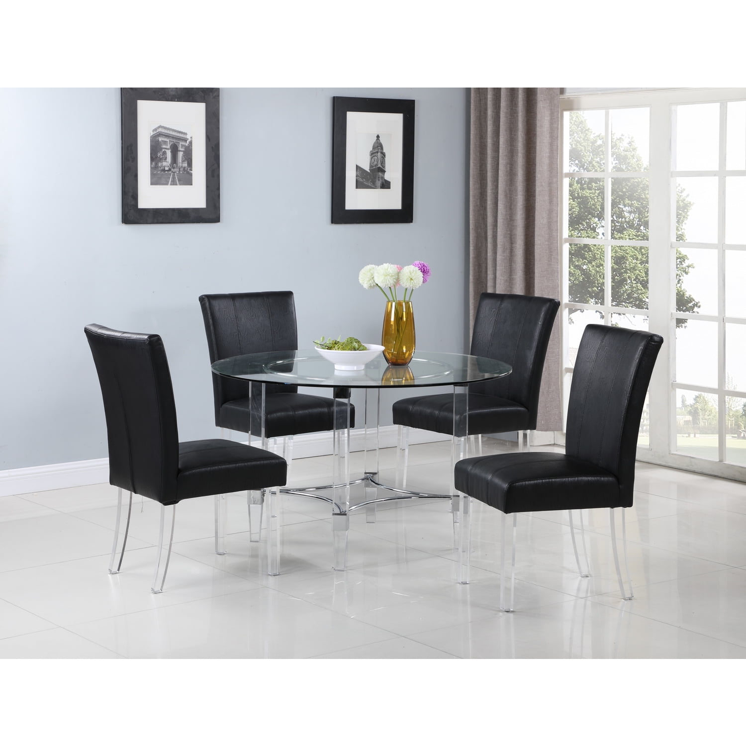Chintaly Contemporary Dining Set w/ Round Glass Dining Table & Parson ...