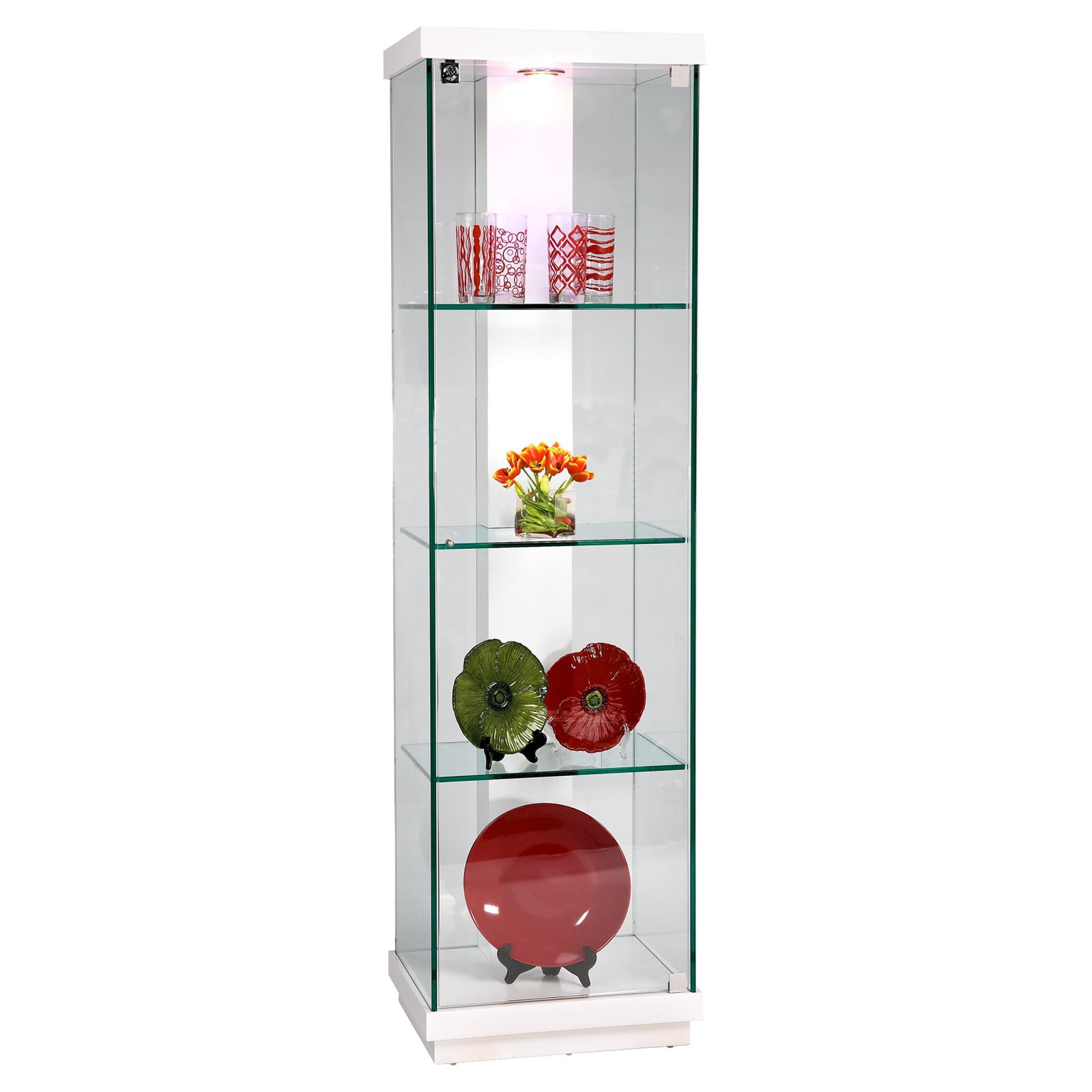 Tall White Glass Curio Cabinet with LED Light