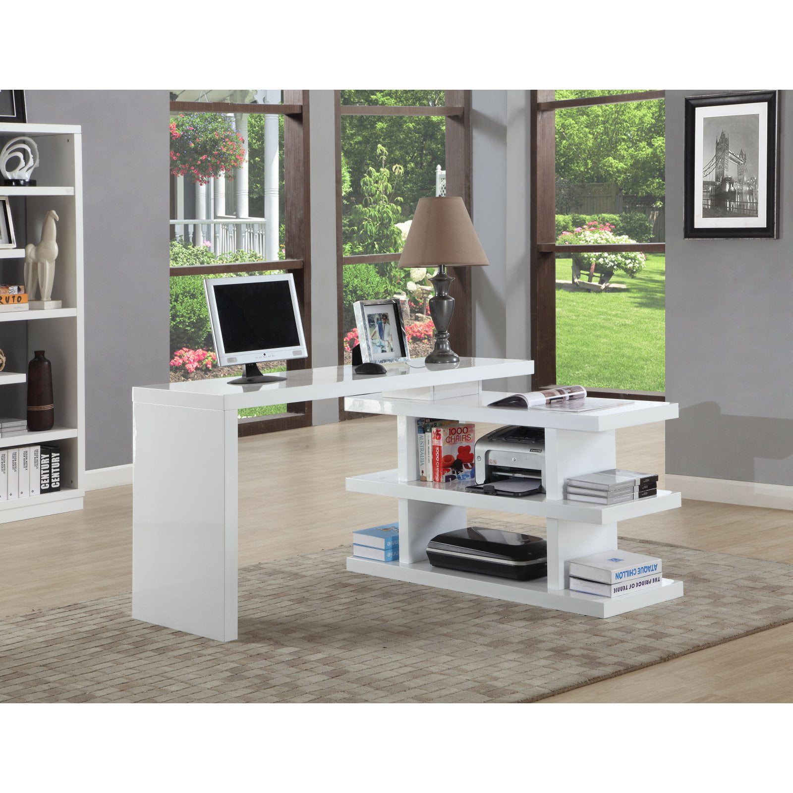 White Glass Home Office Desk with Drawer and Shelves