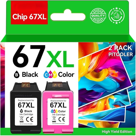 Chip 67XL Ink Cartridges Compatible for HP Ink 67 Black/Color Combo Pack Compatible for DeskJet 2855e 2827e 2800e 4255e 2755e 2700 4155e 4227e 2700e 2734e 2852e Envy 6055e 6000 6400 Printer