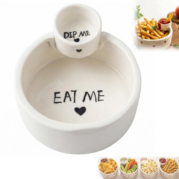 Chip and Dip Bowl, Chips and Salsa Serving Dish Plates, Red | Dip Me Eat Me Bowl for Ketchup and French Fries, Snack and Dip Bowls, for Chips & Salsa, Veggies & Dip, Snacks, Hosting