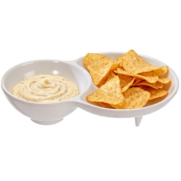 Chip and Dip Bowl, Divided Serving Melamine Tray for Fries and Snacks, White Appetizer Plate with Dip, Dishwasher Safe Non-Slip Base for Snacks, Condiments, Toppings