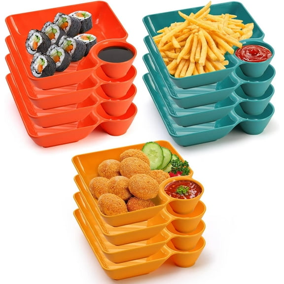 Chip Dip Serving Platter Set of 12 - Plastic Dumpling Plates with Sauce Compartment, Square Serving Dish for Appetizer Taco Salsa Fruit Sushi Charcuterie, Reusable for Party Buffet