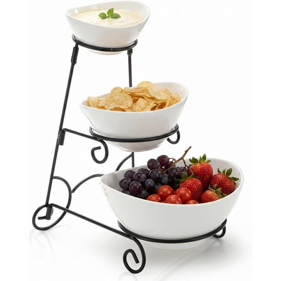 Chip and Dip Serving Set, 3 Tiered Ceramic Serving Bowl Dishes with Collapsible Metal Rack, Appetizer  Display Stand Platters for Fruit Dessert Party Entertaining