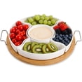 thumbnail image 1 of Chip and Dip Serving Set with Bamboo Tray, 11.2" Round Divided Serving Platter, 5-Compartment Ceramic Appetizer Snack Tray with Removable Bowls for Party, Fruit, Condiments, 1 of 7