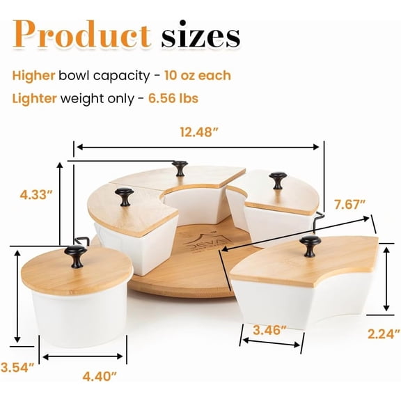 Chip and Dip Serving Set | Rotating Bamboo Lazy Susan Appetizer Tray with Black Handles | White Ceramic Bowls with Bamboo Lids | Divided Round Party Platter | Giftable