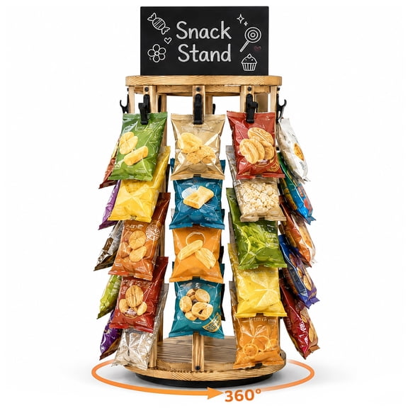 Chip Display Rack, 360 Rotating Candy Display Stand, 5-Tier Snack Organizer Rack with 40 Clips, Countertop Snack Holder with Blank Message Board for Retail Store, Party, Kitchen