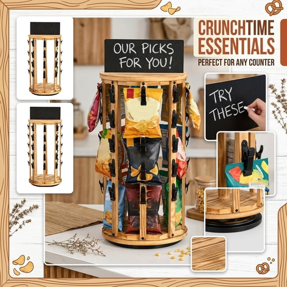 Chip Display Rack,360° Rotating Snack Organizer,Freestanding Retail Organizer with 40Clips & 8 Spinning Rods with Sign Holder,9.87*22.44in