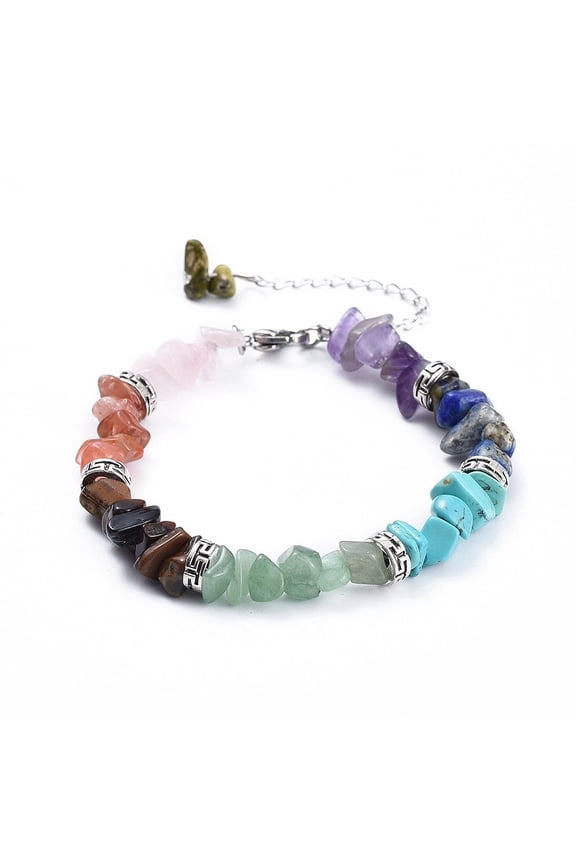 Chip Mixed Stone Bracelets with Style Alloy Beads and Stainless Steel Findings 7-1/4 inch(18.5cm)