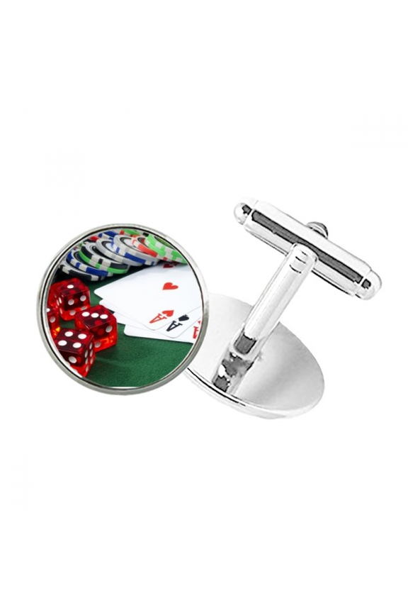 Chip Poker Dice Gambling Photo Round Button Cuff Clip Stud Cufflinks