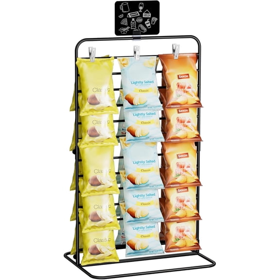 Chip Rack Display Stand, 11-Row Chip Bag Holder with 60 Clips, Potato Chip Rack Hanging Candy Display Organizer for Concession Stand, Retail, Party, Countertop with Display Label, Black