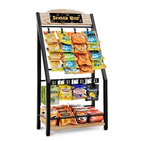 Chip Rack Display Stand, 4 Tiers 20 Clips Snack Organizer, 4 Hanger Strips Hooks Snack Candy Countertop Organizer Snack Holder, Portable Retail Display Shelf for Store, Kitchen, Party