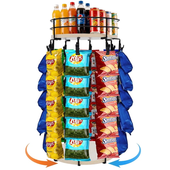 Chip Rack Display Stand, 5-Tier 360° Rotating Organizer with Top Storage Basket for Drinks & Spice Jars, 40 Clips & Snack Tray for Store, Kitchen, Party, Retail Countertop Snack Display (Beige)
