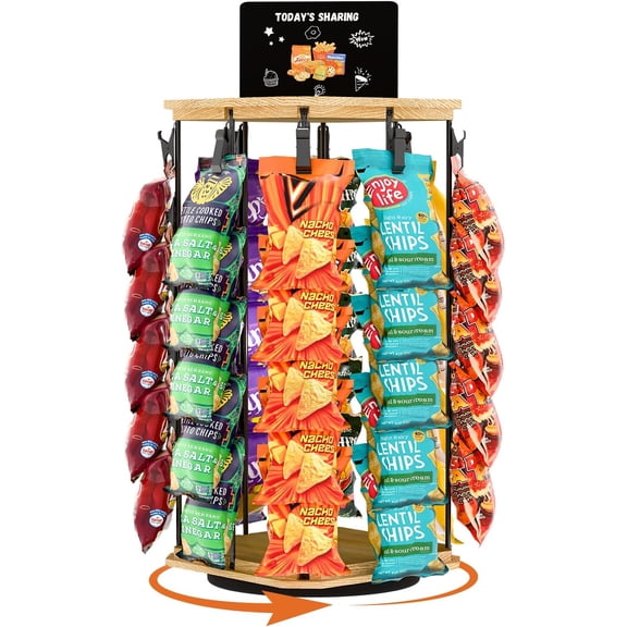 Chip Rack Display Stand, 5 Tiers 40 Clips Snack Organizer, 360Rotating Wooden Base Chip Display Rack for Concession Stand, Countertop, Snack Stand, Party, With Message Board