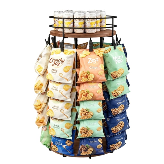 Chip Rack Display Stand, Rotating Snack Organizer with Top Tier Organizer, Snack Organizer Wooden Base Chip Bag Holder Candy Display for Concession Stand Countertop, Party, Retail, Home Office