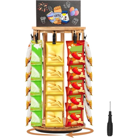 Chip Rack Display Stand, 5 Tiers 40 Clips Snack Organizer Holder, 360 Rotating Candy Retail Display Rack with Message Board, Wood Base Chip Holder Cookie Snack Display for Counter,Grocery,Party