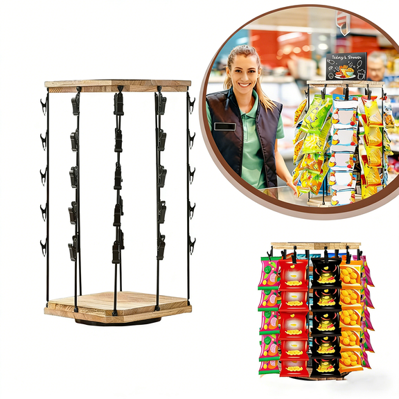 Chip Rack Display Stand, 5 Tiers 40 Clips Snack Organizer for Office Desk, 360° Rotating Wooden Base Chip Holder Candy Display for Concession Stand, Countertop, Party, 1 Pcs, 17.3x7.9"