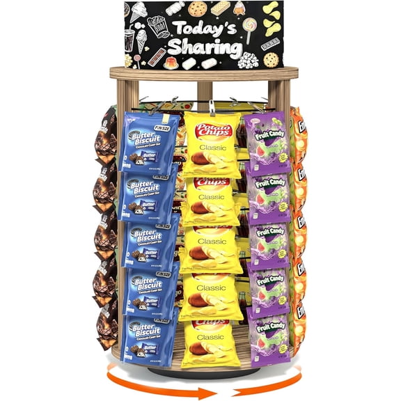 Chip Rack Display Stand, 5 Tiers 50 Clips Snack Organizer, 360Rotating Wooden Base Chip Holder Display for Concession Stand, Countertop, Party, Retail, With Message Board