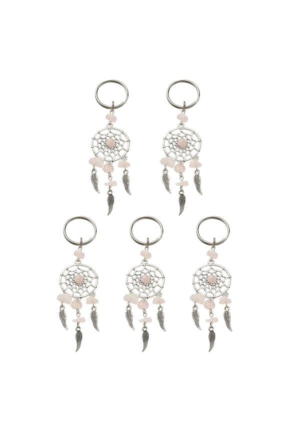 Chip Rose Quartz Keychain with Style Pendants and 316 Surgical Stainless Steel Key Ring Woven Net/Web with Feather 107mm