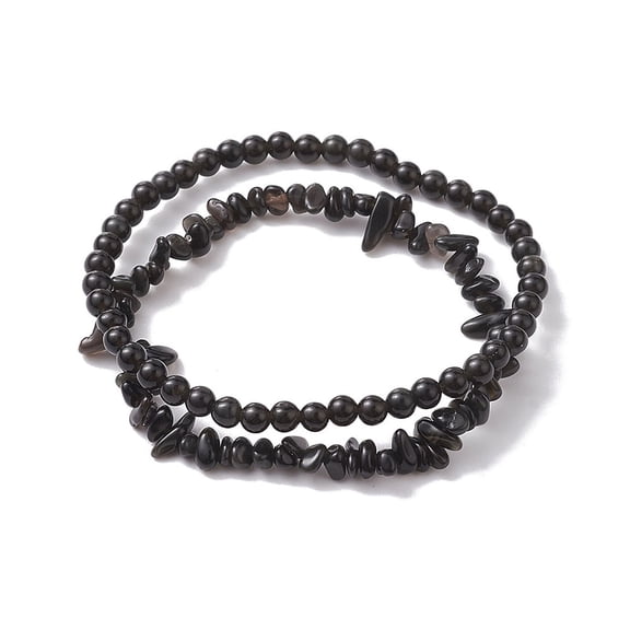 Chip & Round Natural Obsidian Beaded Stretch Bracelets for Women Inner Diameter: 1-7/8~2-1/8 inch(4.7~5.5cm) 2pcs/set
