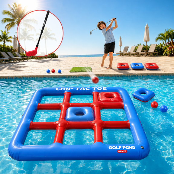 Chip Tac Toe Floating Pool Game - 4FT Inflatable Tic Tac Toe pool games for adults, Outdoor Games, Pool Party Games, Backyard Games & Yard Games (Club Included)