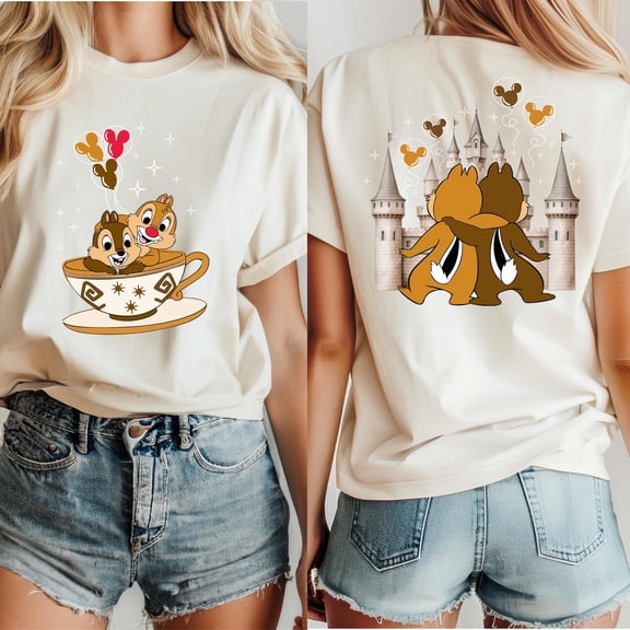 Chip and Dale Double Sided T-Shirt, Disney Couple Shirt, Disneyland Trip Tee,Natural color,size M