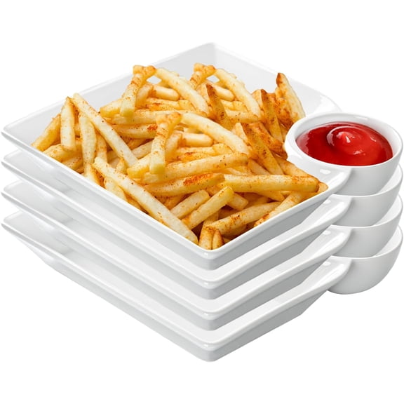 Chip and Dip Serving Platter Set of 4-8 Inch Ceramic Divided Plates with Sauce Compartment, Food-Safe Snack Plate for Dumpling, Sushi, Appetizer