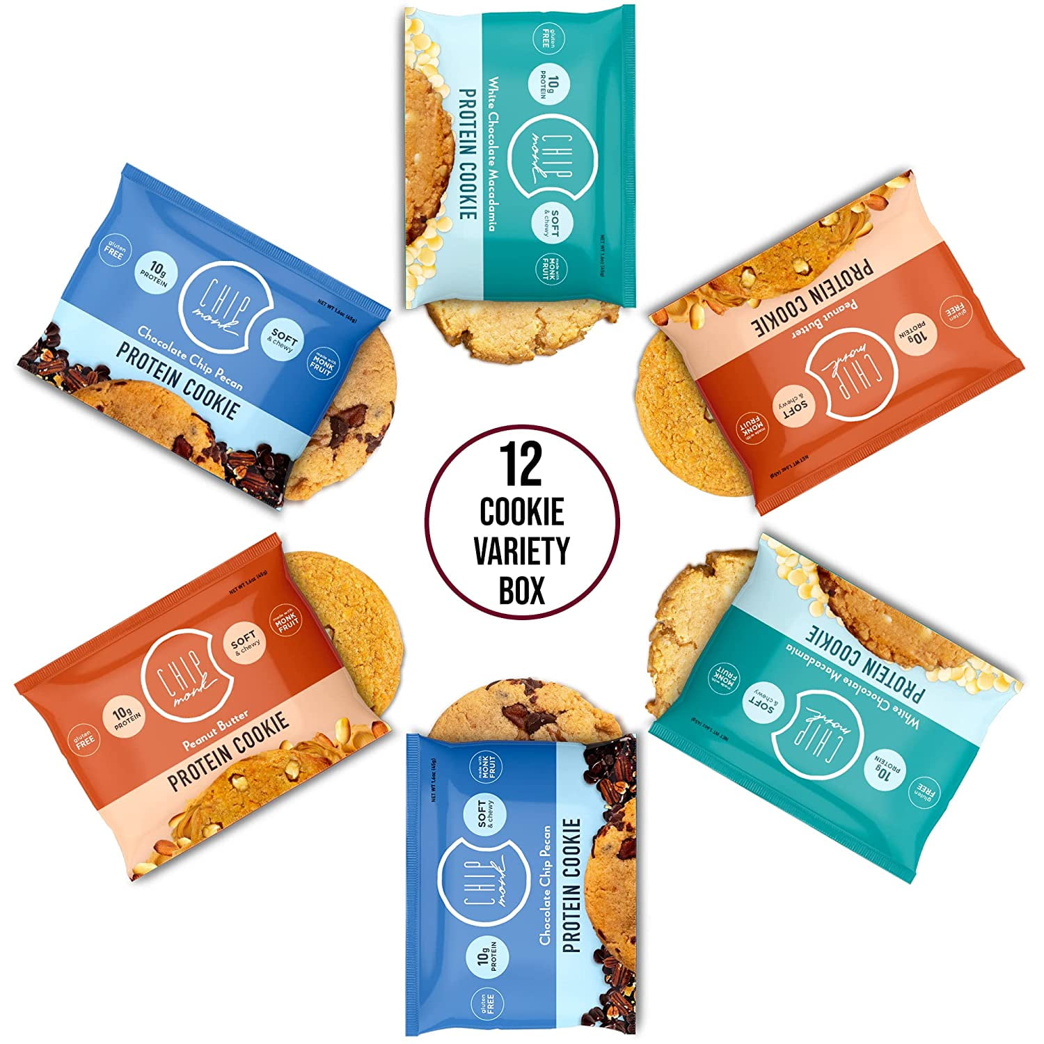 ChipMonk Baking, Variety Pack High Protein Cookies - Low Carb Diet Friendly Gym Snack, Meal Replacement Cookie, Gluten-Free, Healthy Low Sugar Sweet Snack - Balanced Nutrition Baked Dessert for Energy