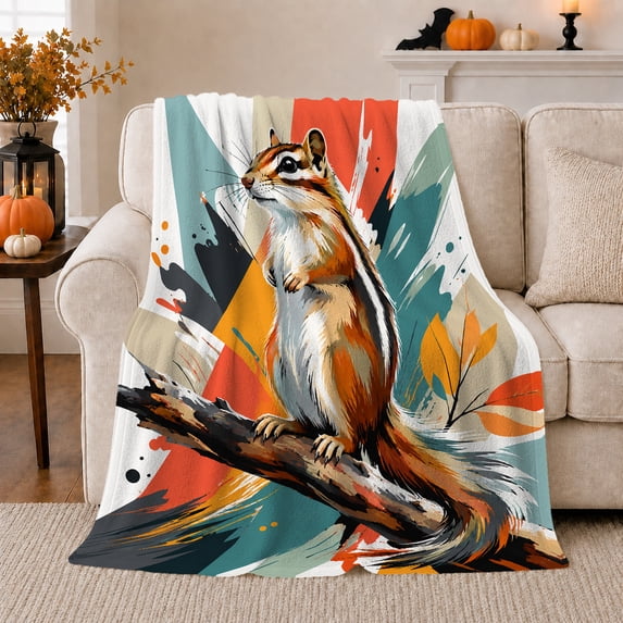 Chipmunk on Branch with Autumn Leaves, Painterly Woodland Art Warm Flannel Blanket, Home Decor for Chipmunk Lovers, Cabin and Bedroom, Thanksgiving Gift, Colorful Forest Scene