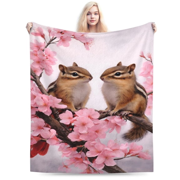 Chipmunk Cherry Blossom Blanket Cute Animal Throw Blanket Soft Cozy Blanket for Couch Bed Spring Easter Gift Decor 50x40